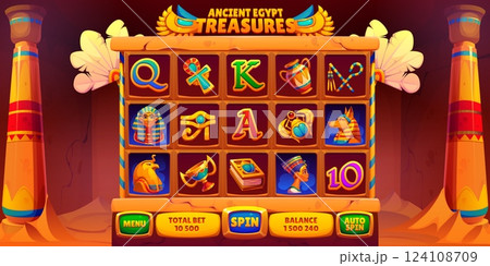Online casino game slot machine with ancient Egypt elements. Cartoon vector gamble game interface symbols of pharaohs, scarabs, hieroglyphs and treasures evoke a mystical and adventurous experience 124108709
