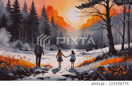 Painting of a man, a woman and a child walking through a forest. The painting has a serene and peaceful mood, with the sun shining through the trees and casting a warm glow on the scene. The children 124108778