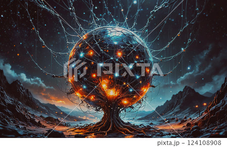 Glowing, glowing, glowing tree with a glowing, glowing, glowing ball in the middle. The image has a futuristic, otherworldly feel to it 124108908