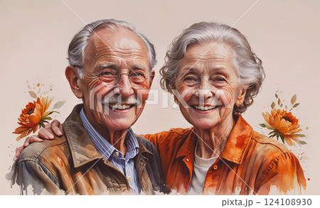 Painting of a couple with a flower in the background. The painting conveys a sense of warmth and happiness 124108930