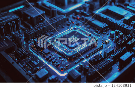 Computer chip is shown in a blue light. The chip is a processor and is part of a computer 124108931