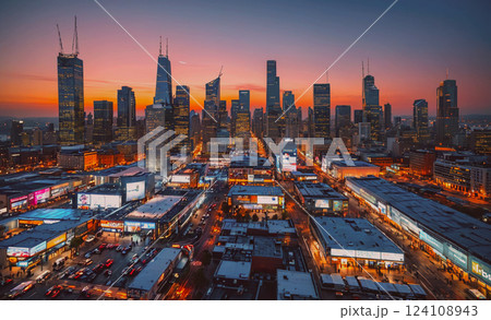City skyline at dusk with a beautiful orange sky. The city is lit up with lights and the buildings are tall City skyline at dusk with a beautiful orange sky. The city is lit up with lights and the buildings are tall 124108943