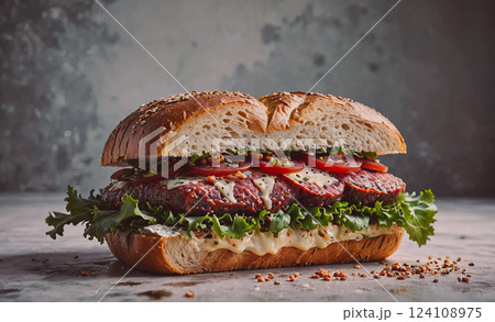 Sandwich with lettuce and tomato on it. The sandwich is cut in half and is sitting on a table 124108975