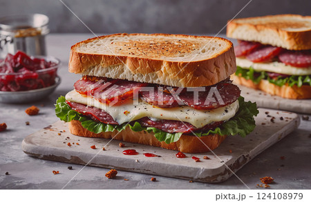 Sandwich with meat and lettuce sits on a wooden table. The sandwich is cut in half and has a generous amount of meat and lettuce. The sandwich is accompanied by a bowl of condiments Sandwich with meat and lettuce sits on a wooden table. The sandwich is cut in half and has a generous amount of meat and lettuce. The sandwich is accompanied by a bowl of condiments 124108979