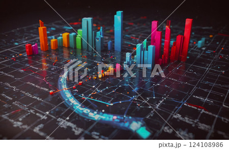 Colorful cityscape with buildings of different heights and colors. The image is a representation of a city's skyline, with each building having a different color. Scene is vibrant and lively, with the 124108986