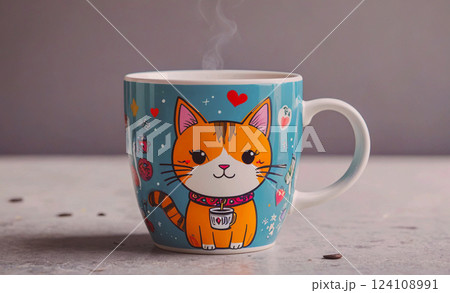 Cat mug with a cat on it and a heart on the side. The cat is smiling and the heart is red 124108991