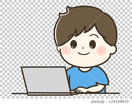 一位微笑的男士使用電腦的可愛插圖 124109033
