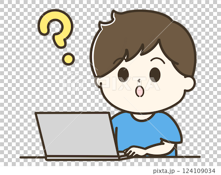 A cute, relaxed illustration of a man using a computer with a question mark 124109034