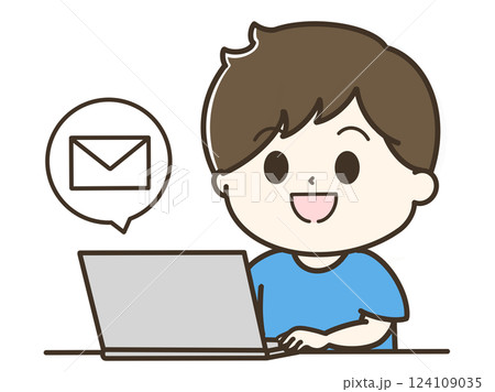 パソコンでメールで連絡をする男性の上半身のゆるかわイラスト パソコンでメールで連絡をする男性の上半身のゆるかわイラスト 124109035