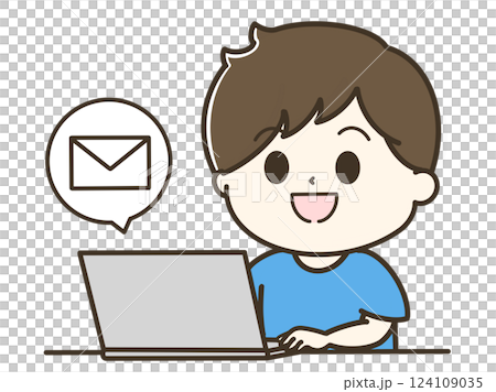 パソコンでメールで連絡をする男性の上半身のゆるかわイラスト パソコンでメールで連絡をする男性の上半身のゆるかわイラスト 124109035