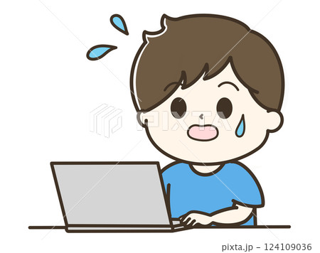 汗をかいて焦ってパソコンを使っている男性の上半身のゆるかわイラスト 124109036