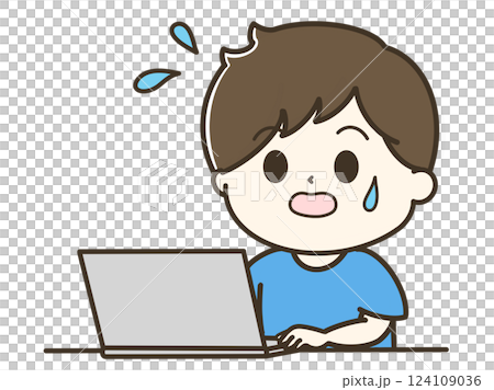 汗をかいて焦ってパソコンを使っている男性の上半身のゆるかわイラスト 124109036