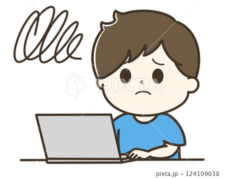 モヤモヤして困っているパソコンを使う男性の上半身のゆるかわイラスト モヤモヤして困っているパソコンを使う男性の上半身のゆるかわイラスト 124109038