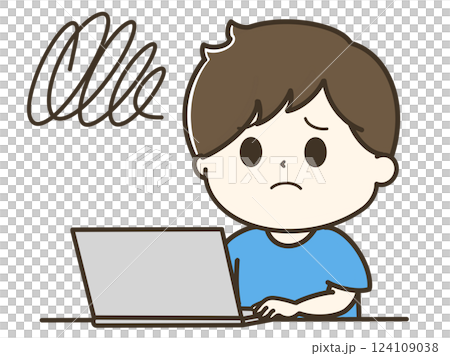 モヤモヤして困っているパソコンを使う男性の上半身のゆるかわイラスト モヤモヤして困っているパソコンを使う男性の上半身のゆるかわイラスト 124109038