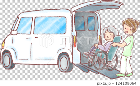 Elderly woman in wheelchair getting into car at day care center 124109064