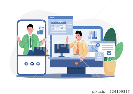 Virtual Meeting Illustration concept. A flat illustration isolated on white background Virtual Meeting Illustration concept. A flat illustration isolated on white background 124109317