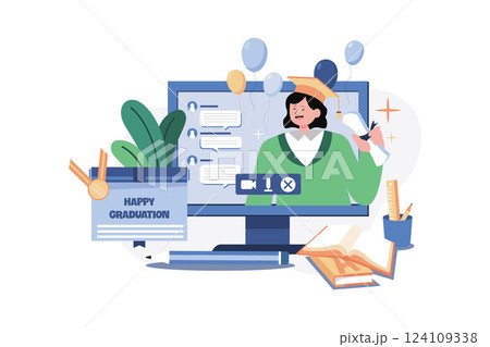 Online Graduating Illustration concept. A flat illustration isolated on white background Online Graduating Illustration concept. A flat illustration isolated on white background 124109338