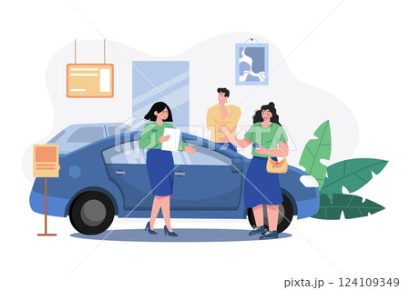 Salesperson Showing The Vehicle To A Potential Customer In The Dealership 124109349