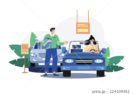 Young Woman Testing A Car In A Car Showroom 124109361