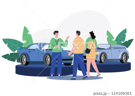 Salesman Talking To A Young Couple At The Dealership Showroom 124109363