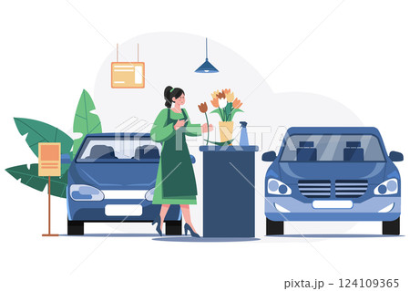 Woman With Flowers In A Car Showroom Woman With Flowers In A Car Showroom 124109365