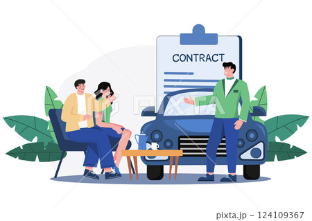 Car Dealer Explaining Sales Contract To A Couple Buying A Car 124109367