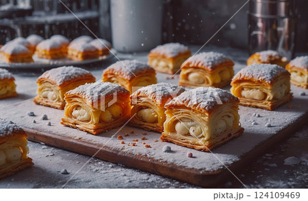 Tray of pastries with powdered sugar on top. The pastries are arranged in a neat row, and there are several of them on the tray 124109469