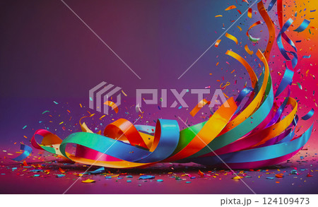 Colorful ribbon with a lot of confetti on it. The ribbon is in a spiral shape and is very colorful 124109473