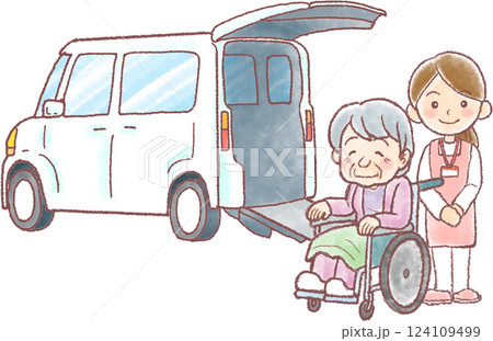 介護車で送迎_高齢女性と女性介護士 介護車で送迎_高齢女性と女性介護士 124109499