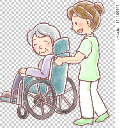 Elderly woman in a wheelchair_female caregiver 124109501