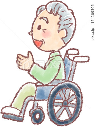 車椅子に乗った横向きの高齢男性 車椅子に乗った横向きの高齢男性 124109506