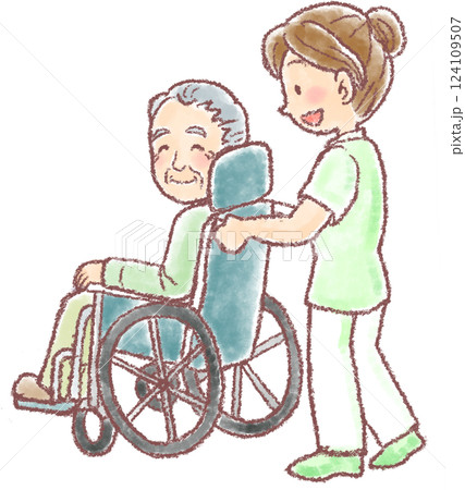 車椅子に乗った高齢男性と女性介護士 124109507