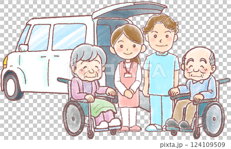 デイサービスとお迎え_介護職員と高齢男女と送迎車_介護のイラスト デイサービスとお迎え_介護職員と高齢男女と送迎車_介護のイラスト 124109509