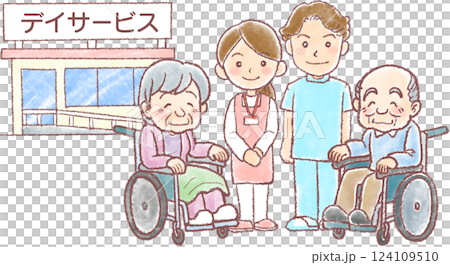 日間服務和接送_護理人員和坐輪椅的老年男女_護理插圖 日間服務和接送_護理人員和坐輪椅的老年男女_護理插圖 124109510