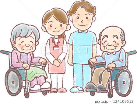 介護職員と車椅子に乗った高齢男女_ 介護のイラスト 124109512
