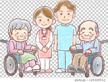 介護職員と車椅子に乗った高齢男女_ 介護のイラスト 124109512
