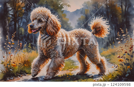 Poodle is walking in a field with a blue collar. The dog is happy and enjoying the outdoors 124109598