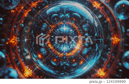 Large, glowing, blue sphere with orange and yellow accents. The sphere is surrounded by a pattern of smaller spheres, creating a sense of depth and movement. Scene is one of wonder and awe 124109990