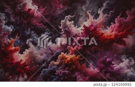 Colorful, abstract painting of a galaxy with red, orange, and purple clouds. The painting evokes a sense of wonder and awe at the vastness of the universe 124109992