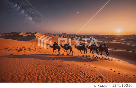 Group of camels walking across a desert at sunset. The camels are carrying backpacks and there is a star in the sky 124110016