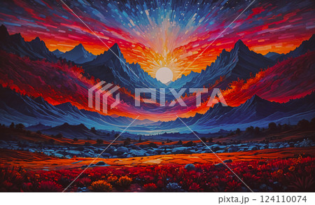 Painting of a mountain range with a red sun in...のイラスト素材 [124110074 ...