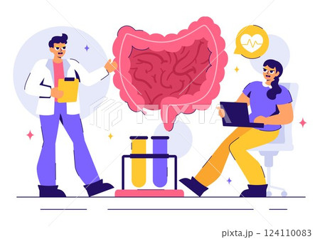 Proctologist or Colonoscopy Vector Illustration with a Doctor Examining the Colon or Small Intestine and Displaying Harmful Bacteria in a Background 124110083