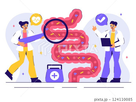Proctologist or Colonoscopy Vector Illustration with a Doctor Examining the Colon or Small Intestine and Displaying Harmful Bacteria in a Background 124110085