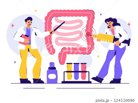 Proctologist or Colonoscopy Vector Illustration with a Doctor Examining the Colon or Small Intestine and Displaying Harmful Bacteria in a Background 124110090
