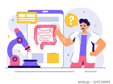 Proctologist or Colonoscopy Vector Illustration with a Doctor Examining the Colon or Small Intestine and Displaying Harmful Bacteria in a Background 124110093