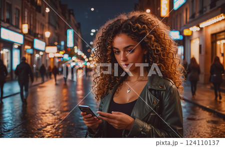 Woman with curly hair is looking at her cell phone while walking down a city street. The scene is bustling with activity, with several other people walking around her. Scene is busy and energetic 124110137
