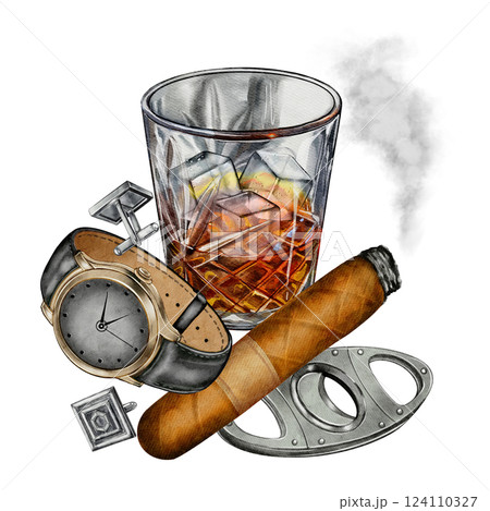 Whiskey, Cigar, and Accessories Watercolor Illustration 124110327