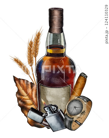 Whiskey, Cigar, Watch, and Lighter 124110329