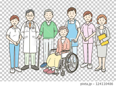 一對老年夫婦、一名醫生、一名護士、一名護理人員和一名護理經理的全身插圖。 124110486