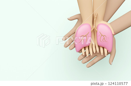 3d hand male female with human lung isolated on green background. world pneumonia day, check lung health, organs concept, top view, 3d illustration render 124110577